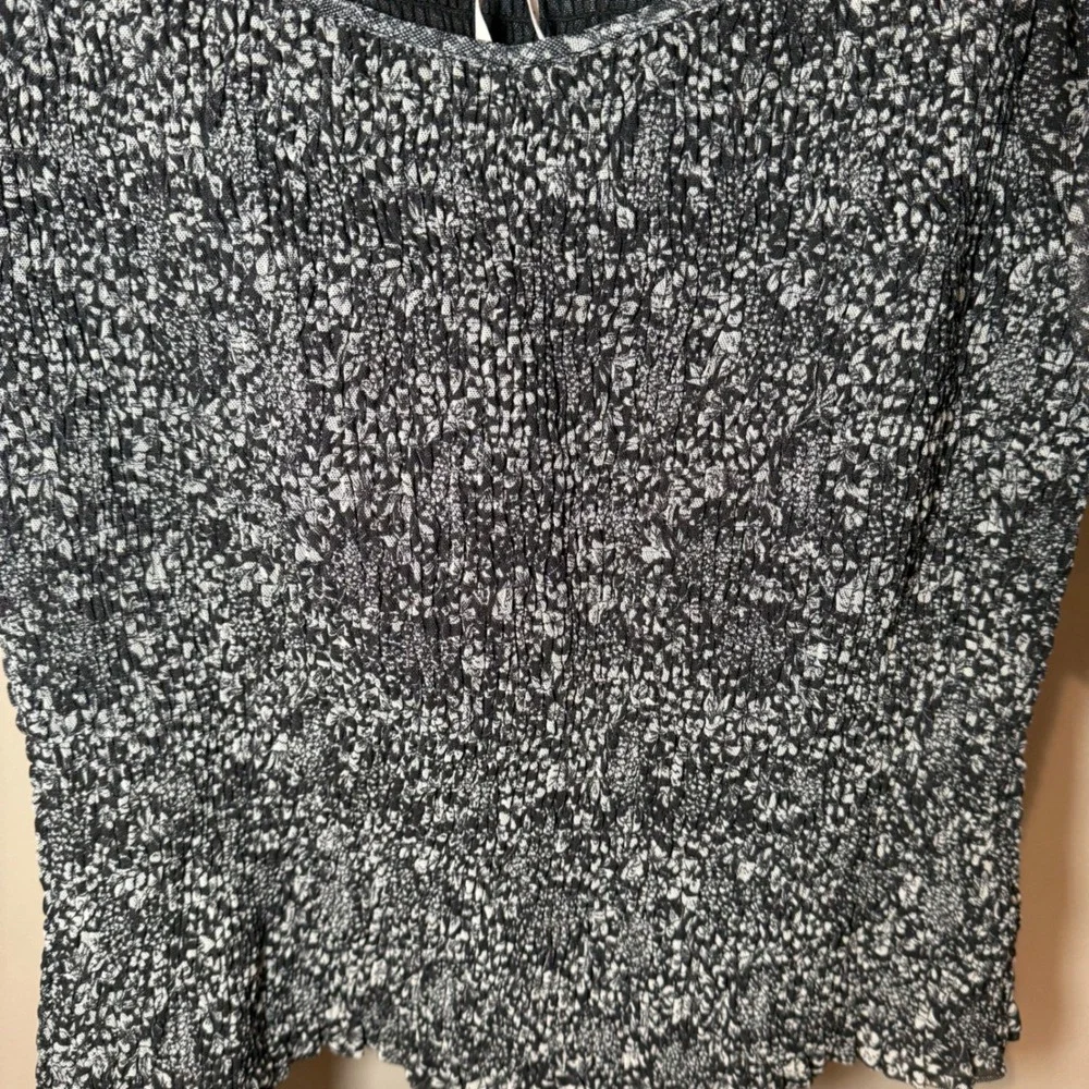 Anthropologie Aurelia Smocked‎ Shirt Puff Short Sleeve Black White Size Large